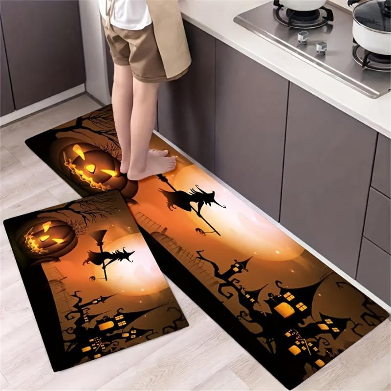 Halloween Long Broom Pattern Kitchen Mat