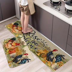 Rustic Rooster Kitchen Floor Mat - Non Slip Modern Kitchen Rug