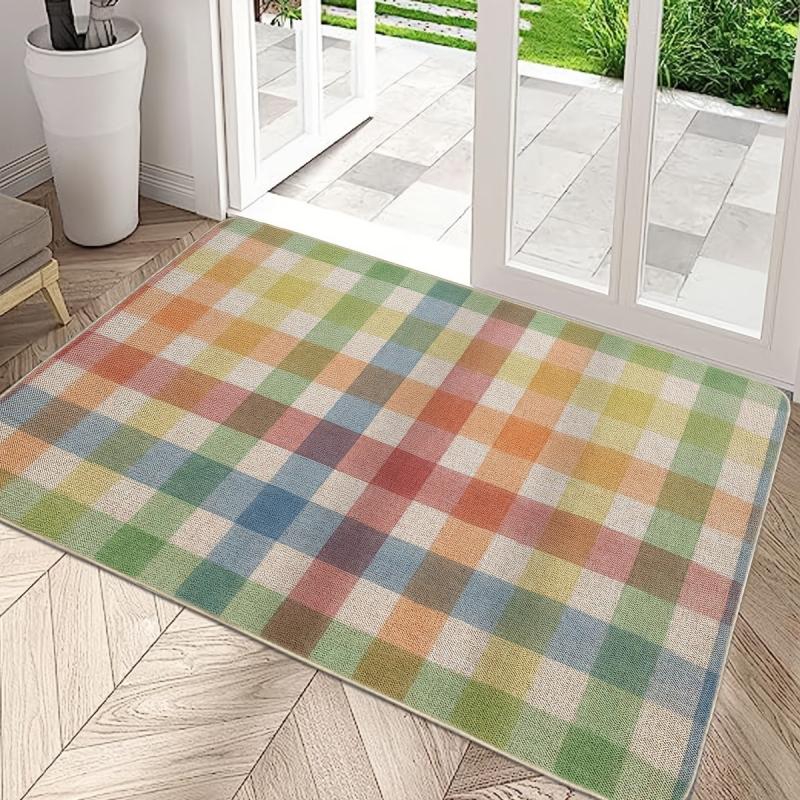Colorful Plaid Door Mat Modern Style Non-slip Backing Stain Resistant