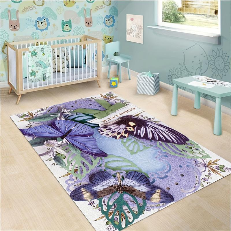Purple Butterfly Printed Floor Mat Non Slip Bedroom Bedside Rug