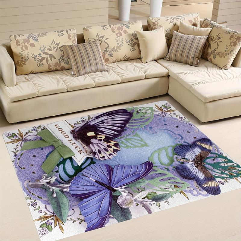 Purple Butterfly Printed Floor Mat Non Slip Bedroom Bedside Rug