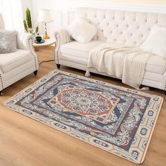 Vintage Area Rug Navy Beige Faux Cashmere Persian Rug