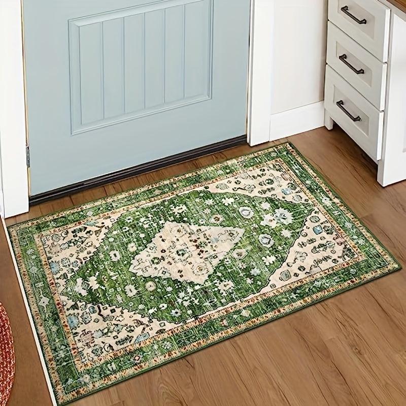 Boho Tribal Distressed Green Rug Soft Non Slip Washable Mat