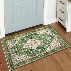Boho Tribal Distressed Green Rug Soft Non Slip Washable Mat