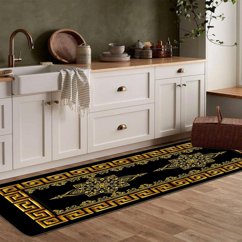 Geometric Kitchen Runner Rug Absorbent Non Slip Floor Mat Prevents Damage Golden