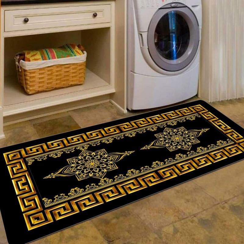 Geometric Kitchen Runner Rug Absorbent Non Slip Floor Mat Prevents Damage Golden