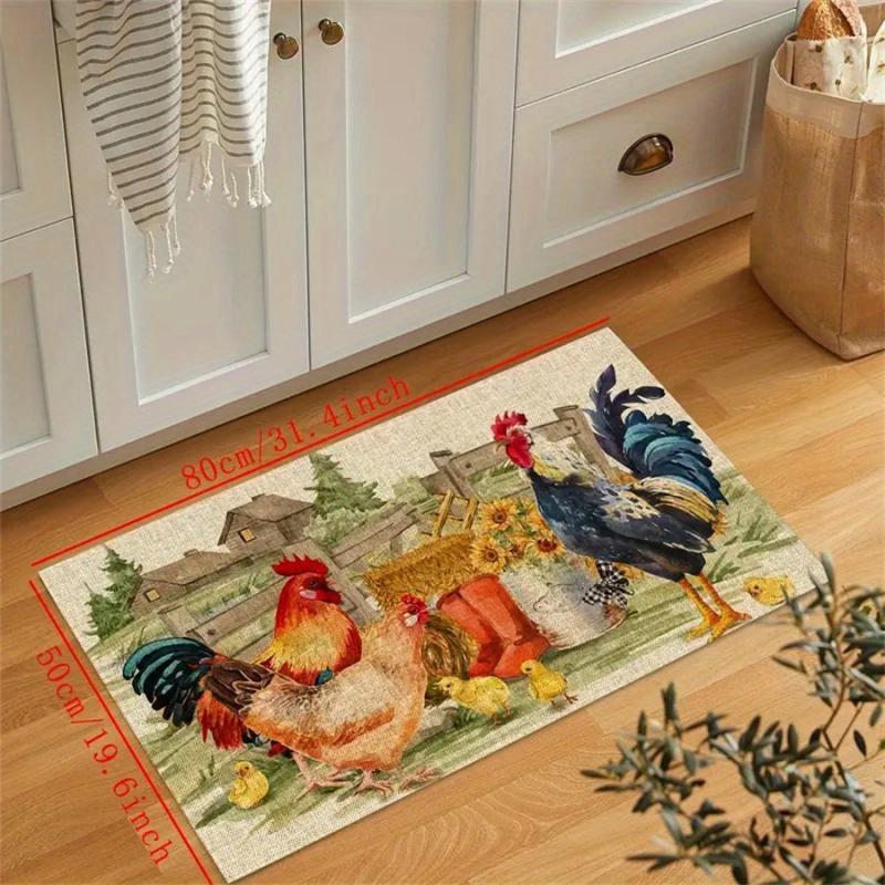 Rooster Print Kitchen Rug Polyester Kitchen Mat For Fall Thanksgiving Decor