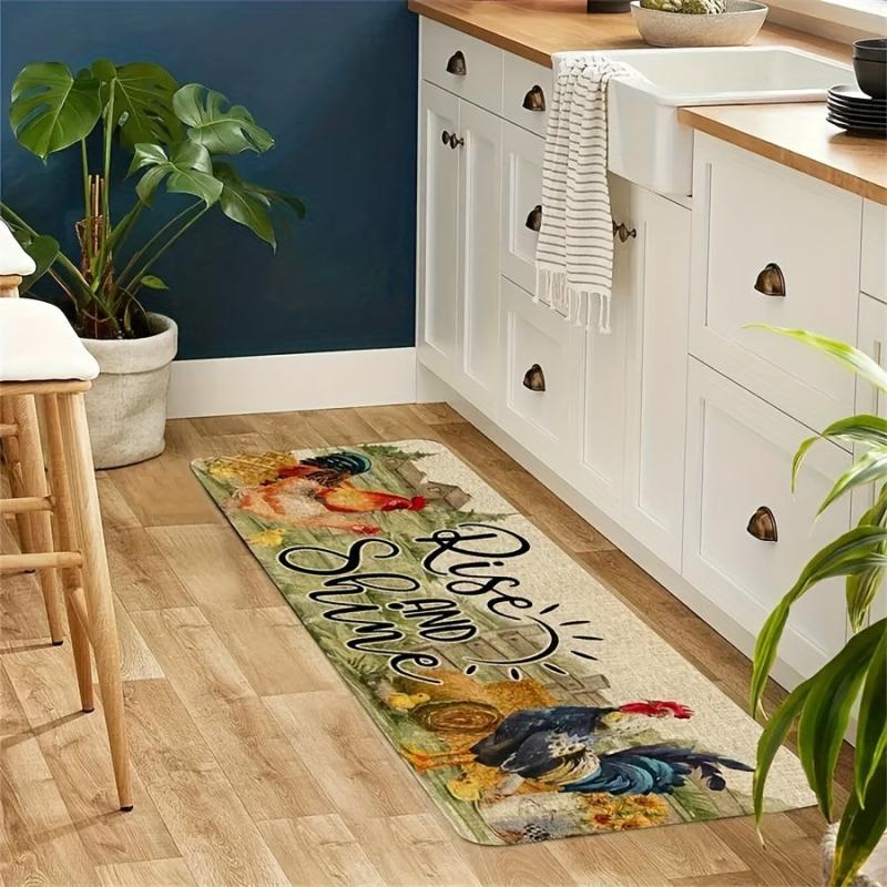 Rooster Print Kitchen Rug Polyester Kitchen Mat For Fall Thanksgiving Decor