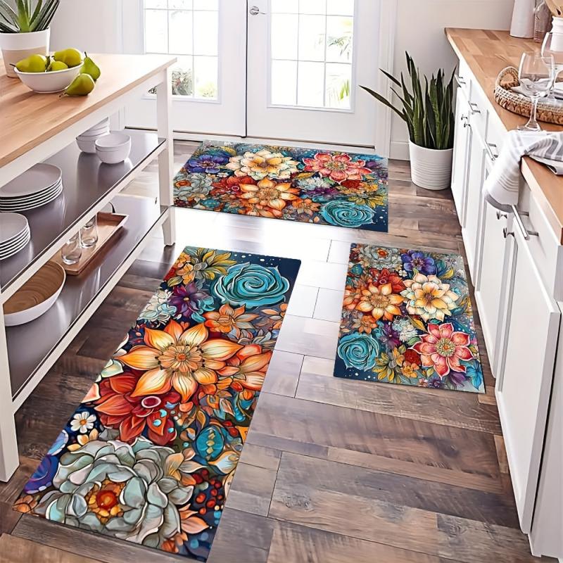 Boho Watercolor Floral Kitchen Runner Soft Carpet