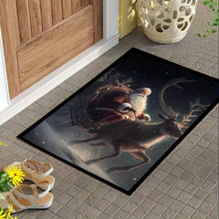 Xmas Theme Floor Mat Santa Claus Rides Motorcycle Area Rug