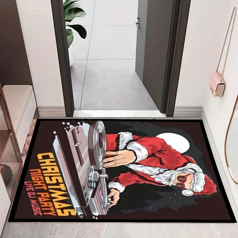 Xmas Theme Floor Mat Santa Claus Rides Motorcycle Area Rug