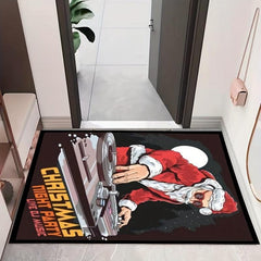 Xmas Theme Floor Mat Santa Claus Rides Motorcycle Area Rug