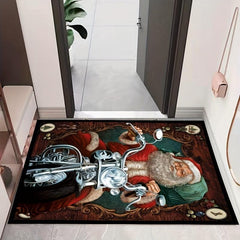 Xmas Theme Floor Mat Santa Claus Rides Motorcycle Area Rug