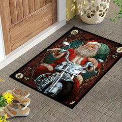 Xmas Theme Floor Mat Santa Claus Rides Motorcycle Area Rug