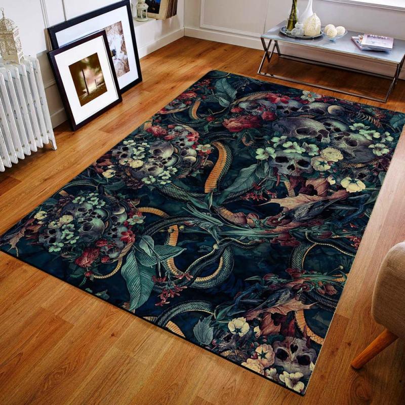 Skull Floral Pattern Area Rug Halloween Theme Carpet Non Slip Floor Mat