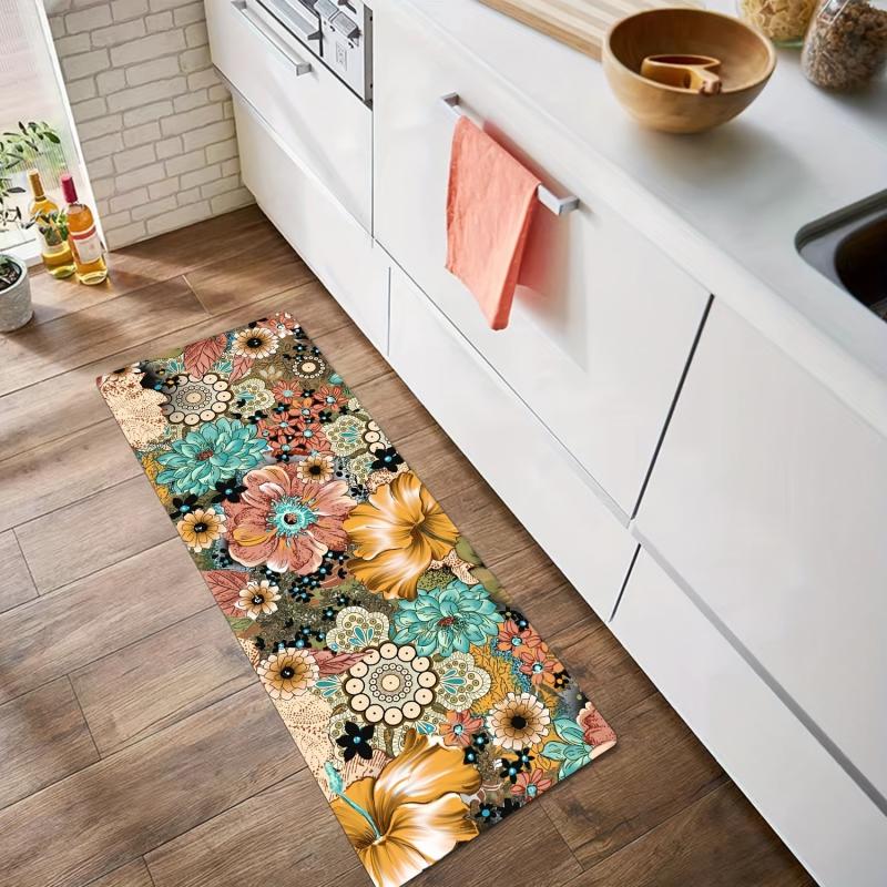 Boho Floral Kitchen Rug Soft Cushioned Comfort Mat Non Slip Foam Floor Mat