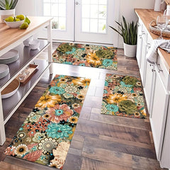 Boho Floral Kitchen Rug Soft Cushioned Comfort Mat Non Slip Foam Floor Mat