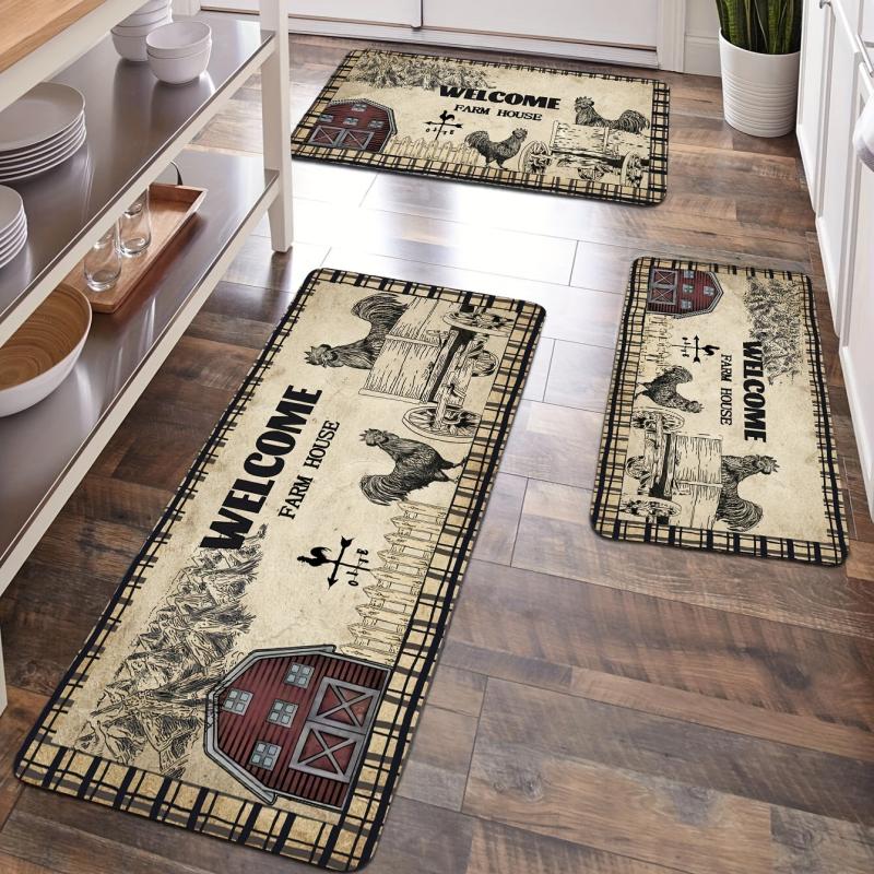 Retro Rooster Kitchen Mat Anti Slip Polyester Carpet Absorbent Bath Mat