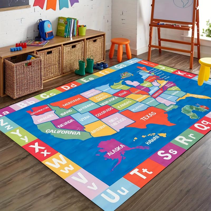 Elementary Map Area Rug for Kids Educational Carpet