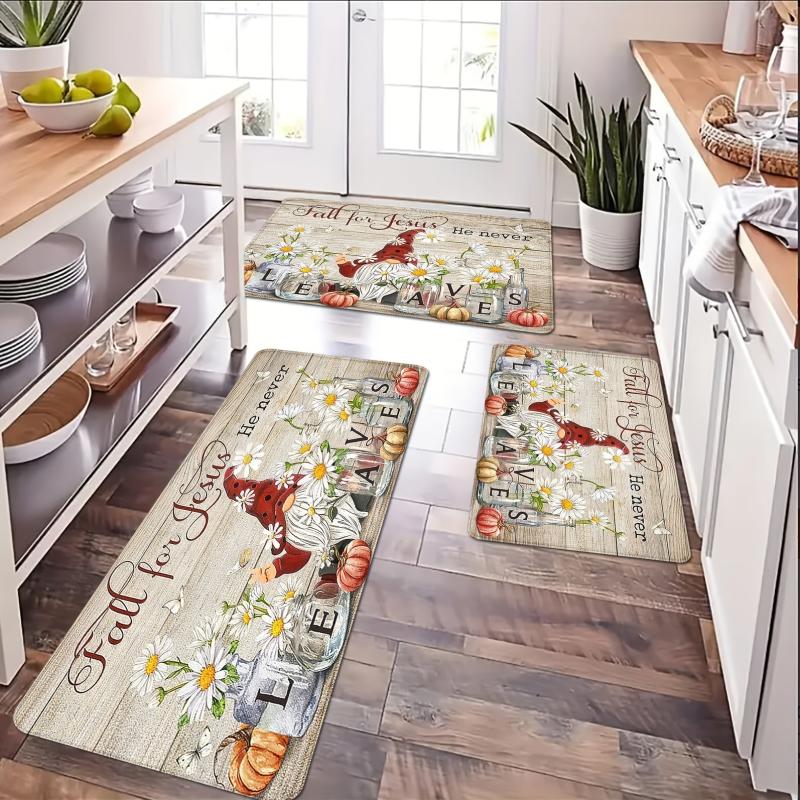 Gnome Red Hat Daisy Kitchen Rug Halloween Pumpkin Pattern Carpet Mat