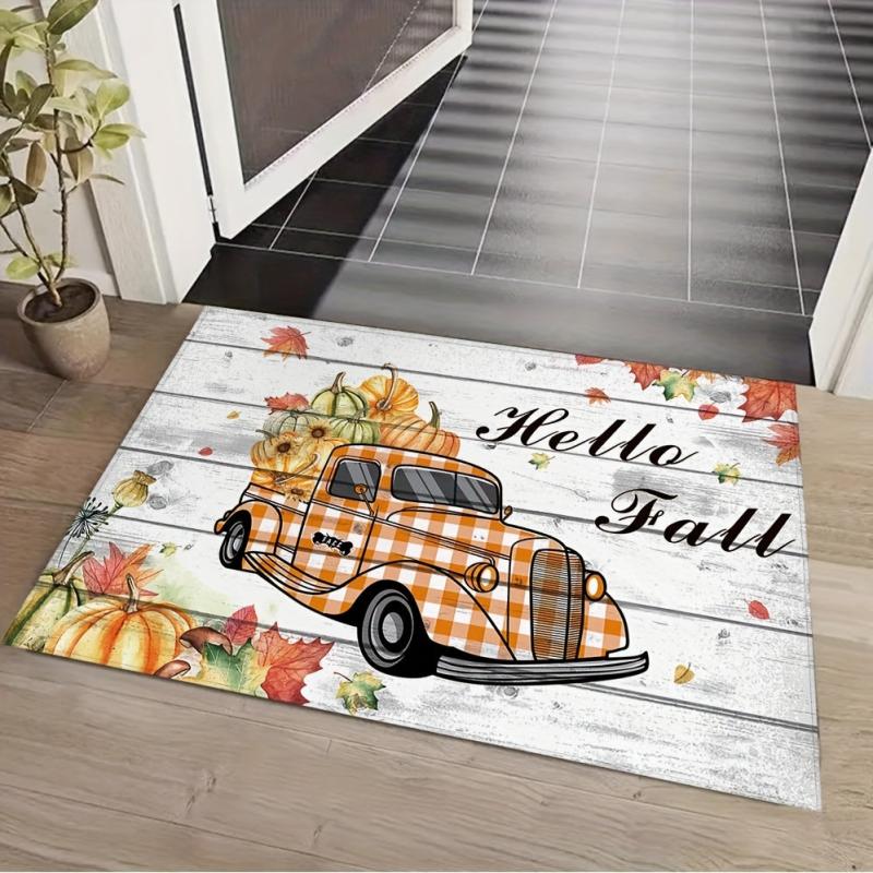 Thanksgiving Floor Mat Pumpkin Sunflower Autumn Orange Plaid Truck Door Mat