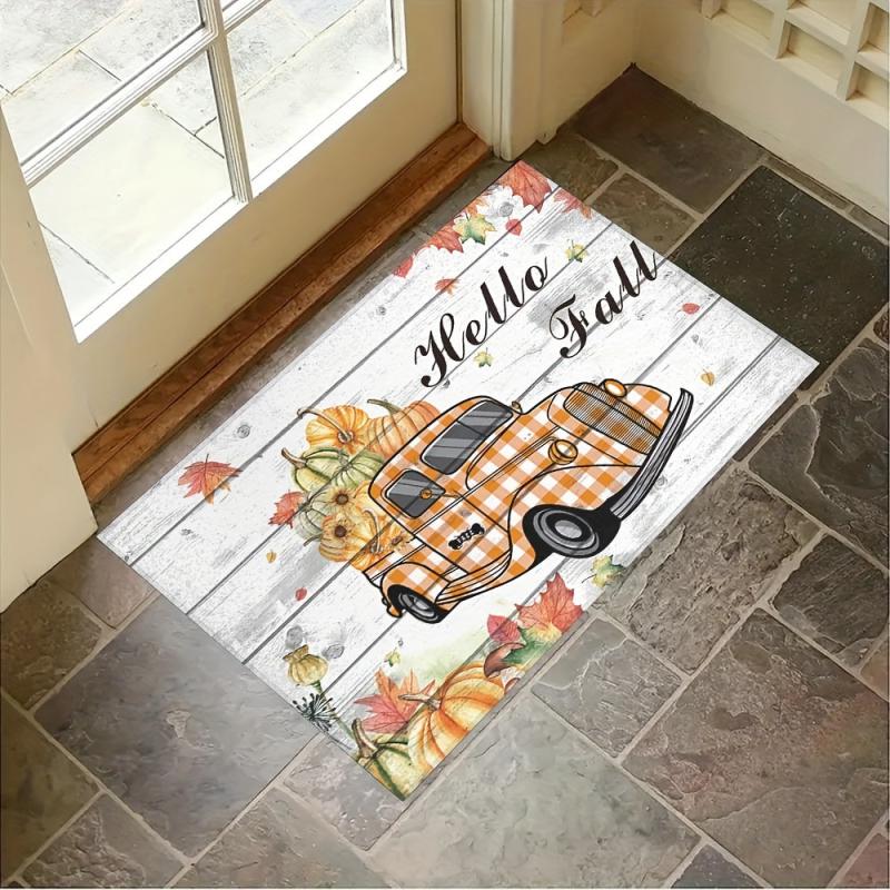 Thanksgiving Floor Mat Pumpkin Sunflower Autumn Orange Plaid Truck Door Mat