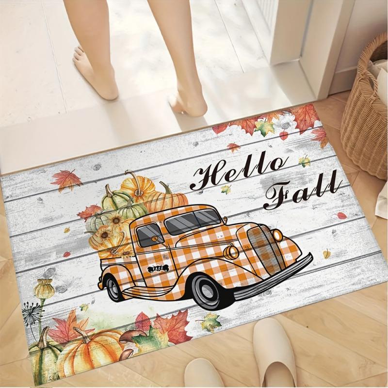 Thanksgiving Floor Mat Pumpkin Sunflower Autumn Orange Plaid Truck Door Mat