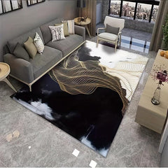 Beige Golden Lines Area Rug Modern Abstract Design