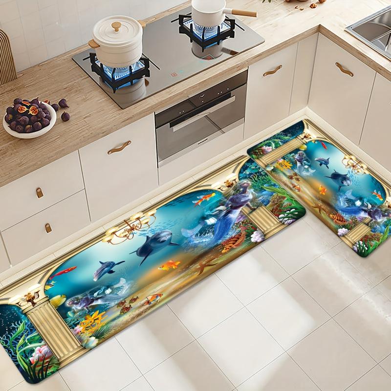 Ocean Themed Anti Fatigue Kitchen Floor Mat Slip Resistant Polyester Rug