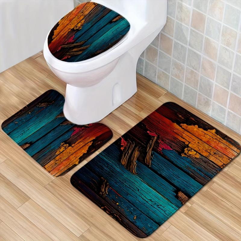 Colorful Wood Bathroom Rug Set Non Slip Extra Absorbent Shaggy Bathroom Mats