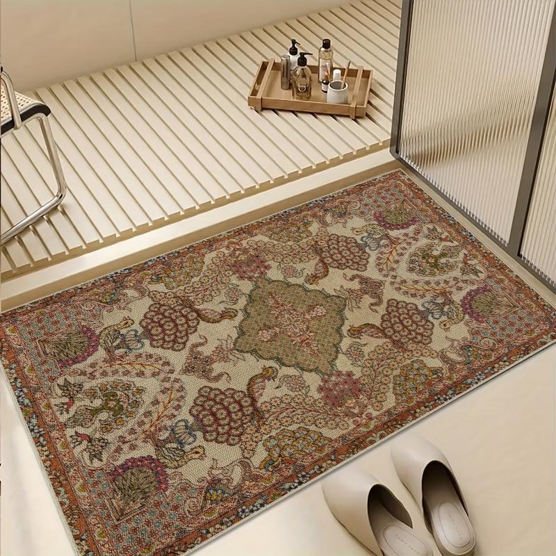 Vintage Floral Woven Area Rugs Anti slip Distressed- Washable Rugs For Patio