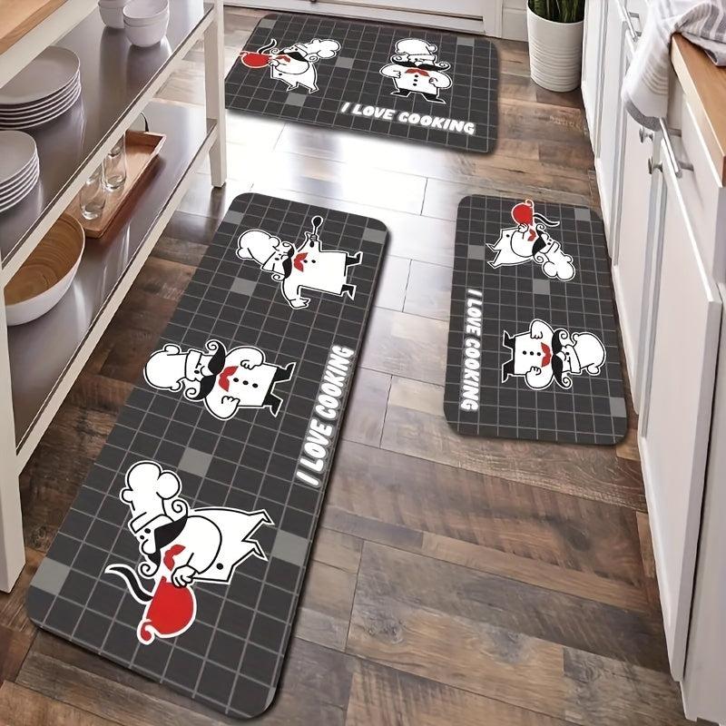 Cartoon Chef Print Kitchen Mat Anti Slip Polyester Carpet