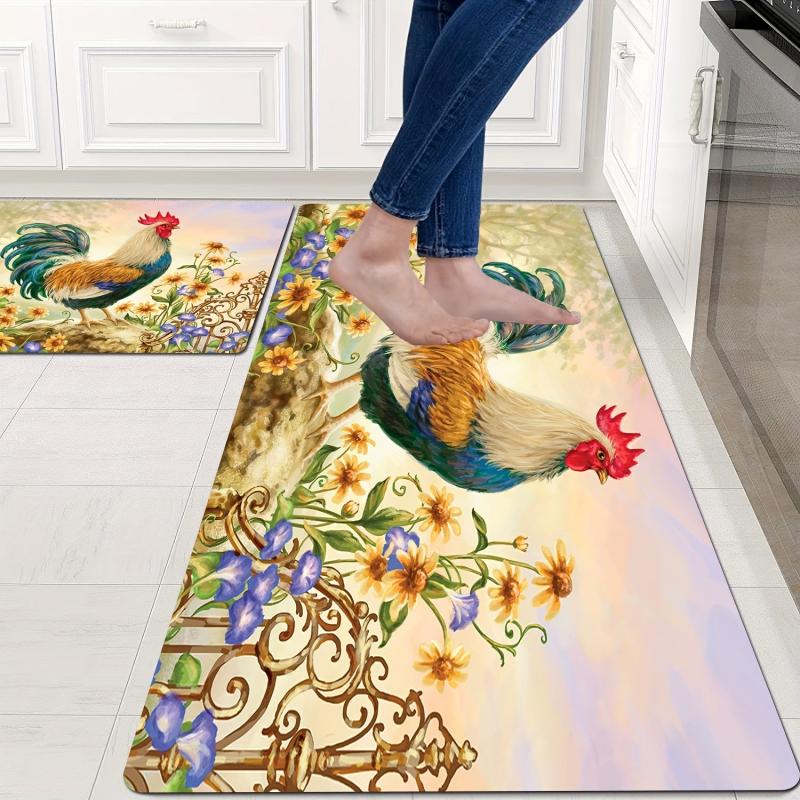 Rustic Sunflower Rooster Kitchen Mat Non Slip Indoor Outdoor Floor Mat