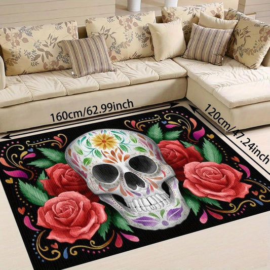 Vintage Floral Skeleton Pink Rose Print Rug - Halloween Decor