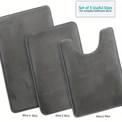 3pcs Velvet Memory Foam Bath Mat Set - Non Slip, Machine Washable