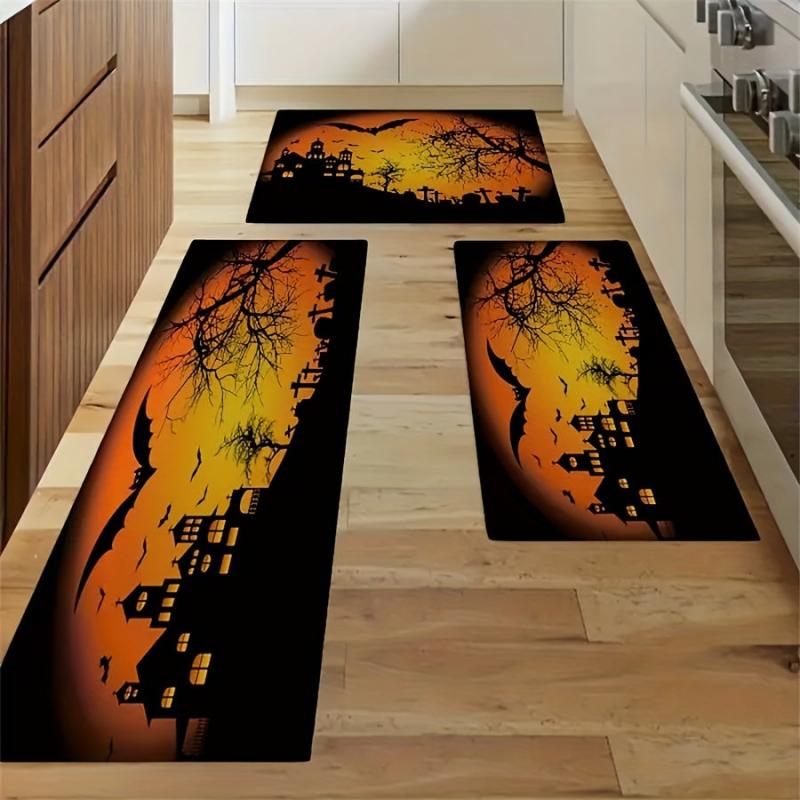 Orange Halloween Carpet Bat Pattern Floor Mat Long Strip Rug for Home Decor
