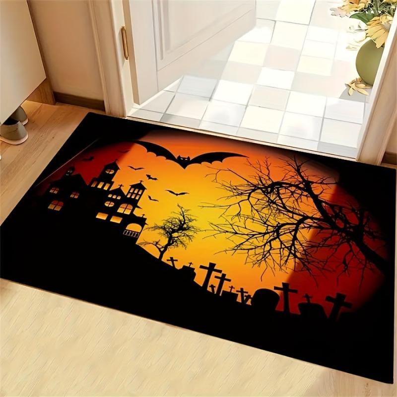 Orange Halloween Carpet Bat Pattern Floor Mat Long Strip Rug for Home Decor