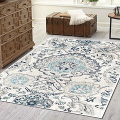 Damask Floral Area Rug Grey Small Entryway Boho Doormat Faux Wool Washable