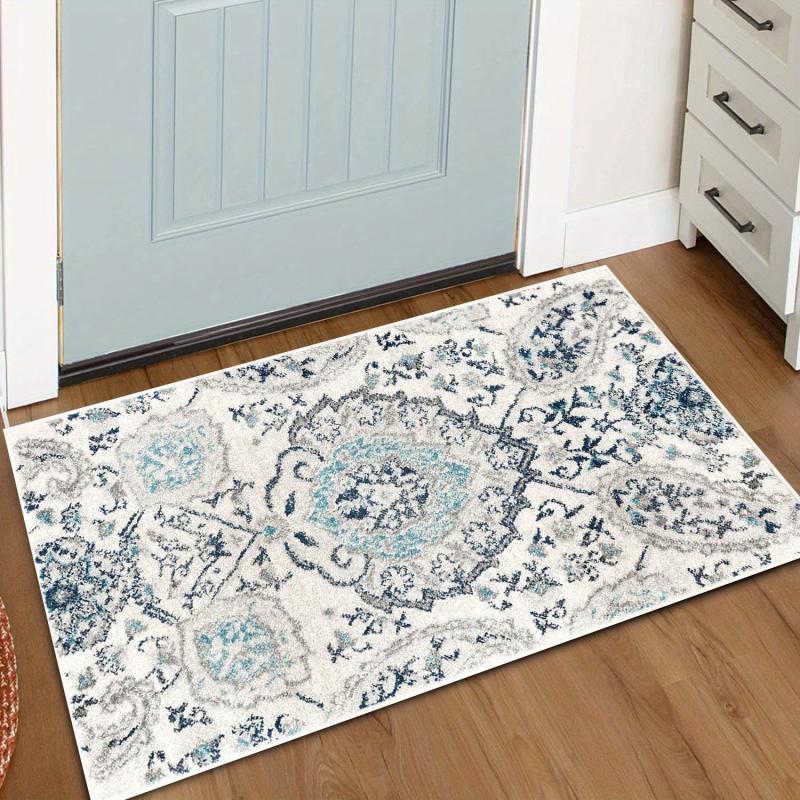 Damask Floral Area Rug Grey Small Entryway Boho Doormat Faux Wool Washable