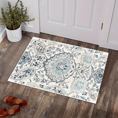 Damask Floral Area Rug Grey Small Entryway Boho Doormat Faux Wool Washable