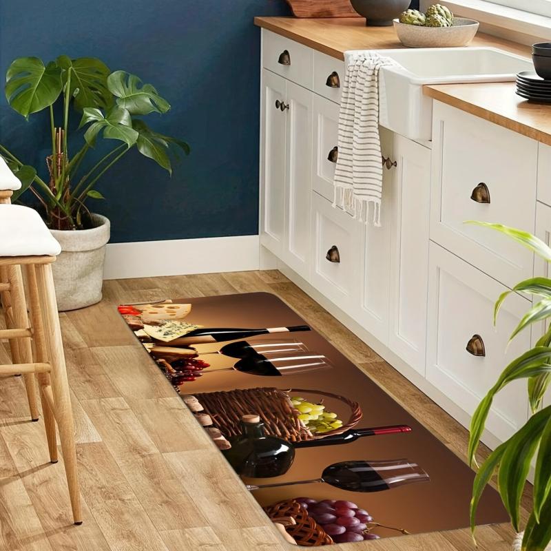 Wine & Goblet Pattern Kitchen Floor Rug Dirt Resistant Waterproof Kitchen Mat