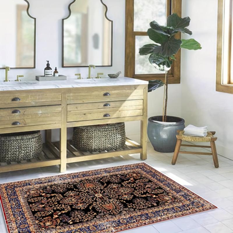 Floral Graphic Vintage Rug Washable Soft Non Slip Mat For Living Room & Bedroom