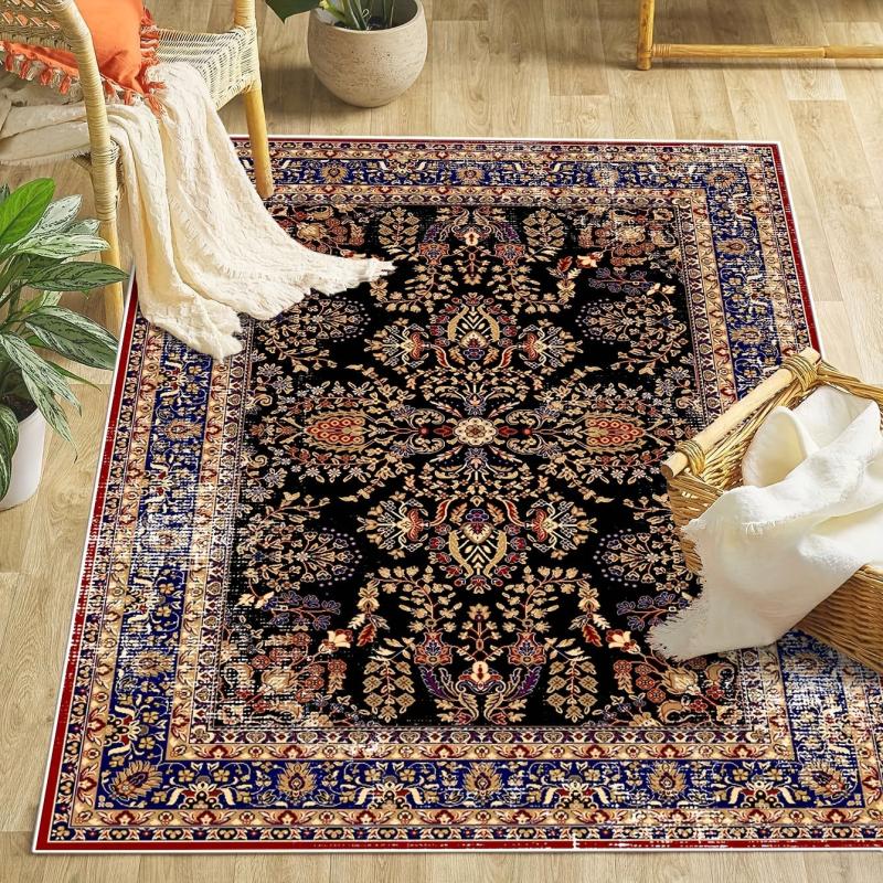 Floral Graphic Vintage Rug Washable Soft Non Slip Mat For Living Room & Bedroom