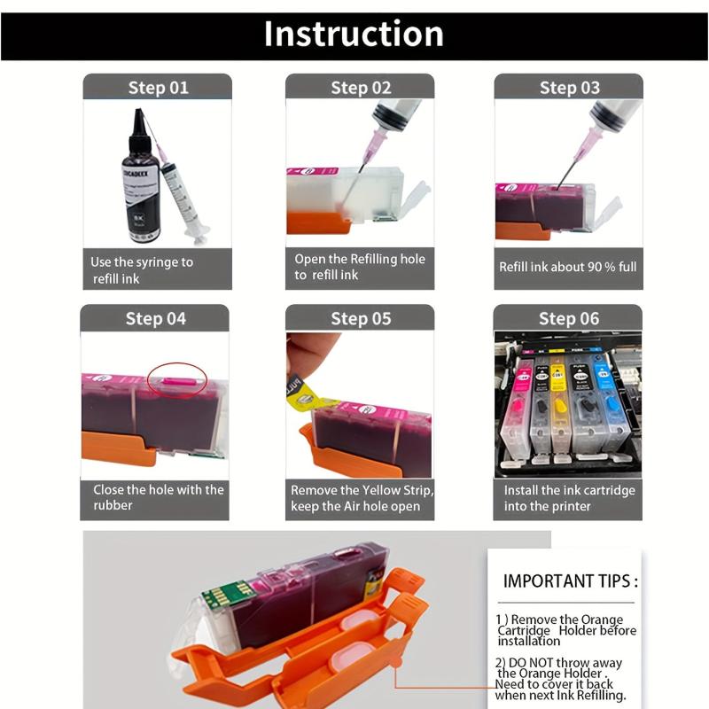 4 Refillable Ink Cartridges + 4 Bottles of Ink Repl. for 252XL Printers
