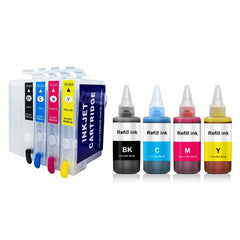 4 Refillable Ink Cartridges + 4 Bottles of Ink Repl. for 252XL Printers