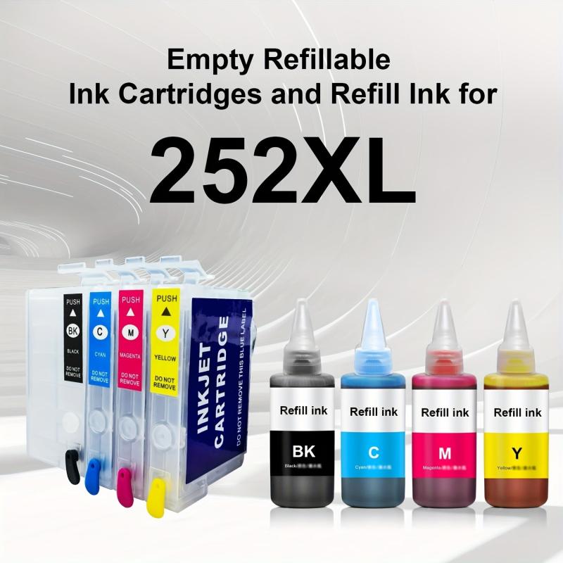 4 Refillable Ink Cartridges + 4 Bottles of Ink Repl. for 252XL Printers