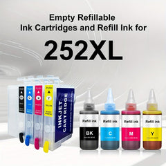 4 Refillable Ink Cartridges + 4 Bottles of Ink Repl. for 252XL Printers