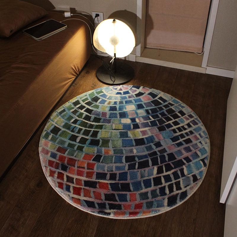 Fluffy Round Wool Area Rug Plaid Multicolor