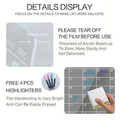 Clear Dry Erase Board Calendar Note Board with LED Light USB Power Supply