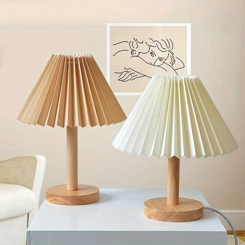 Pleated Table Lamp Solid Wood Base LED Eye Protection